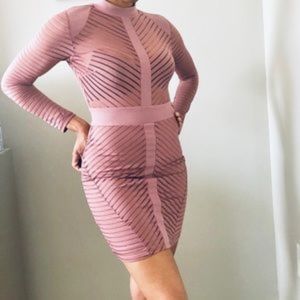 Striped Long Sleeve Mauve Bodycon Dress
